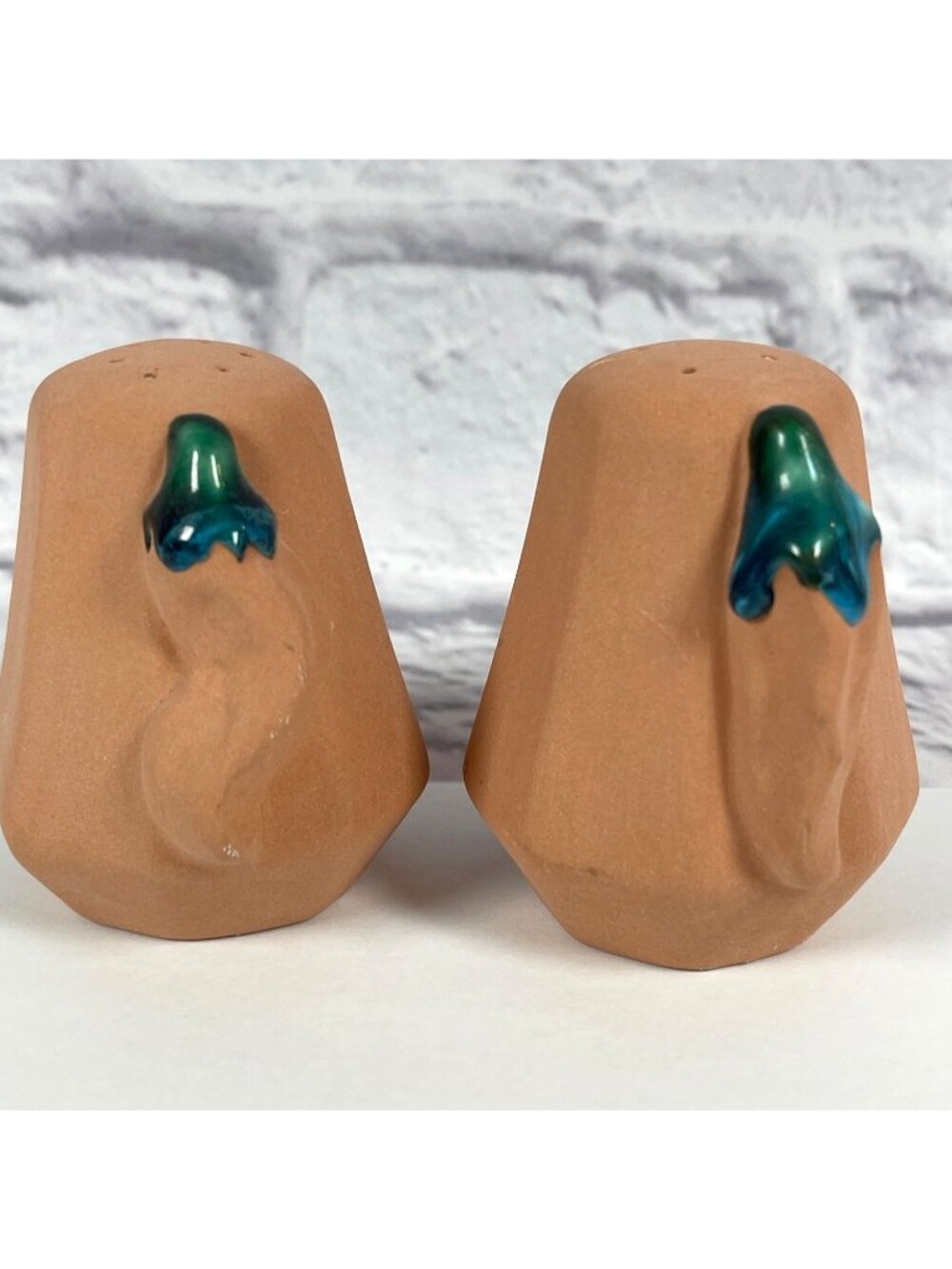 Salt Pepper Shakers Set Terracotta Southwest Artisan Chili Green Glaze Vintage